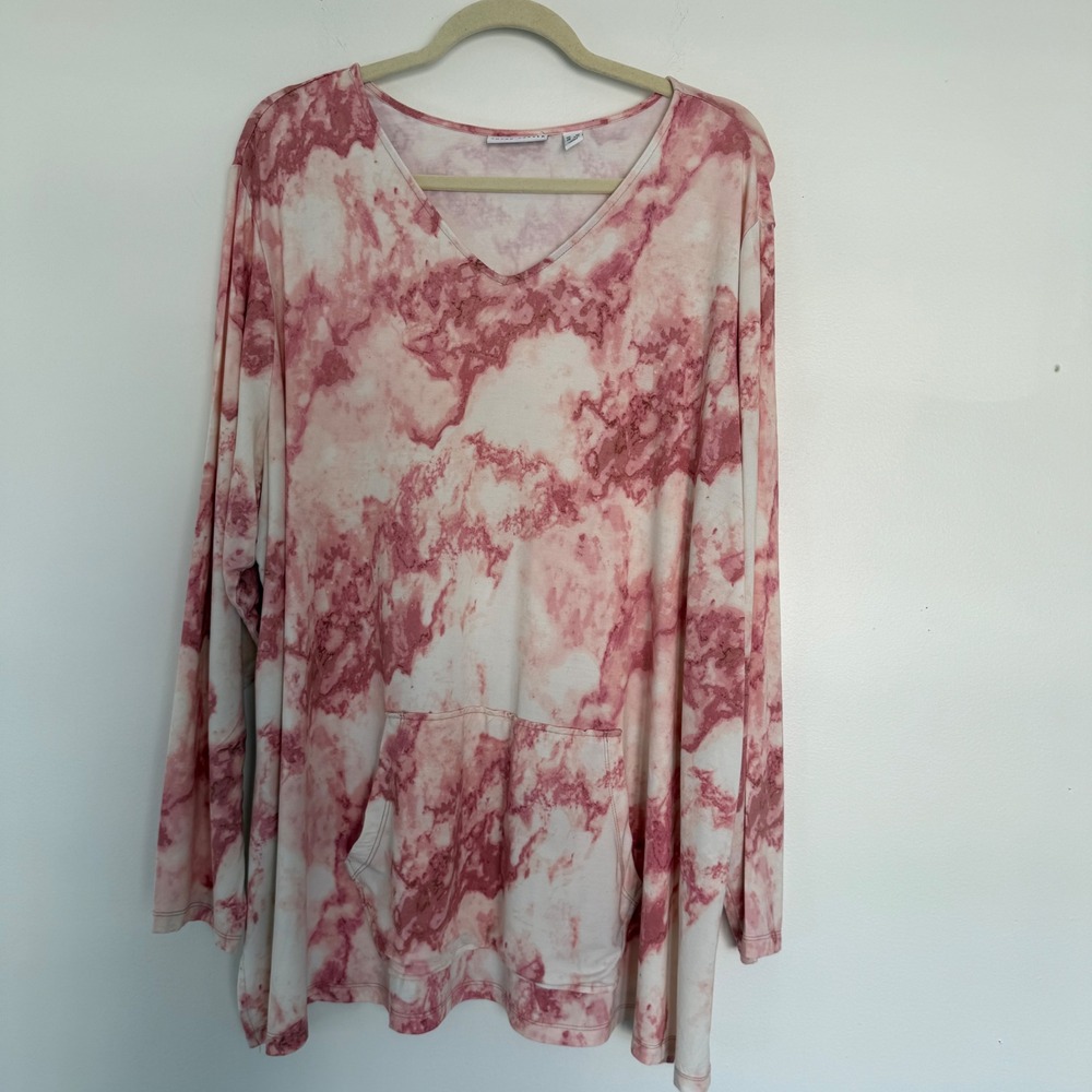 Susan Graver Liquid Knit Long Sleeve V Neck Top 3X Pink Tie Dye Lightweight